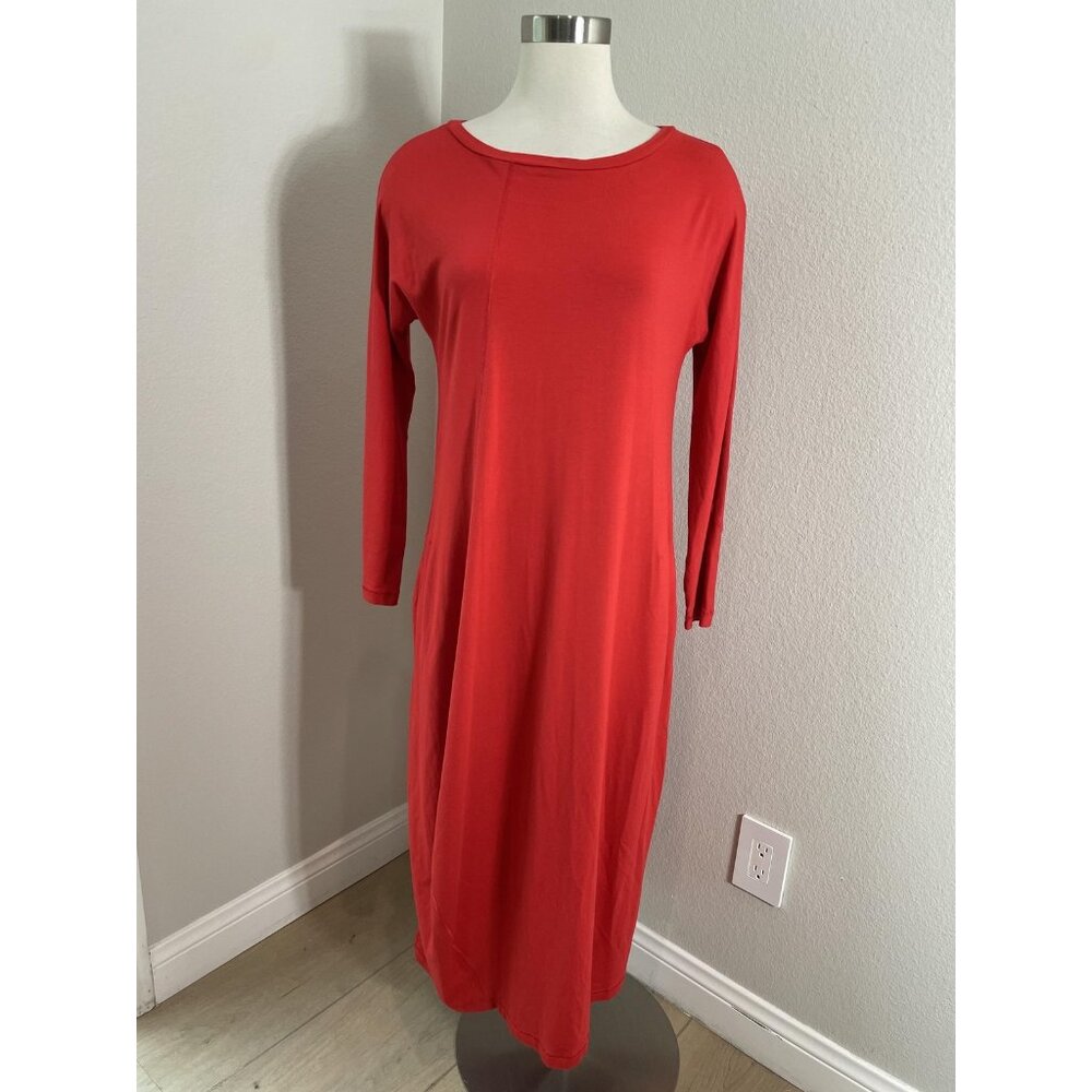 OSKA Dress Womens 1 Red‎ Jersey Long Sleeve Shift Midi Pockets Minimalist Casual
